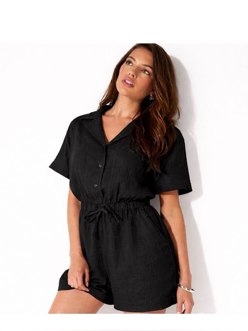 Fabletics Black Short-Sleeve Button-Front Romper